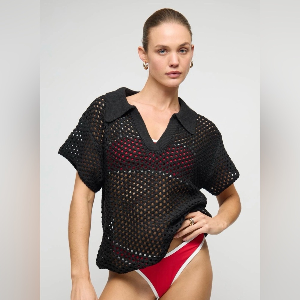 NWT!! MINKPINK Black Gayla Crochet Short Sleeve Polo Top - Size Medium